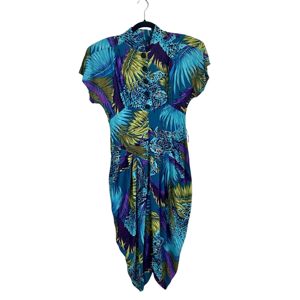 Vintage Cindy For Leboff Rayon Dress Leopard Floral Button Split Hem Design 5/6